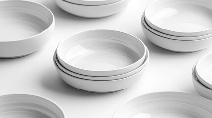 A row of white bowls are lined up on a white background