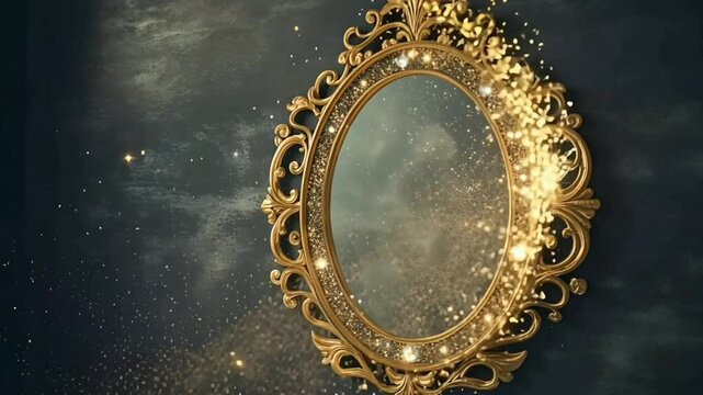 A magical mirror on dark wall  with golden glitter lights
