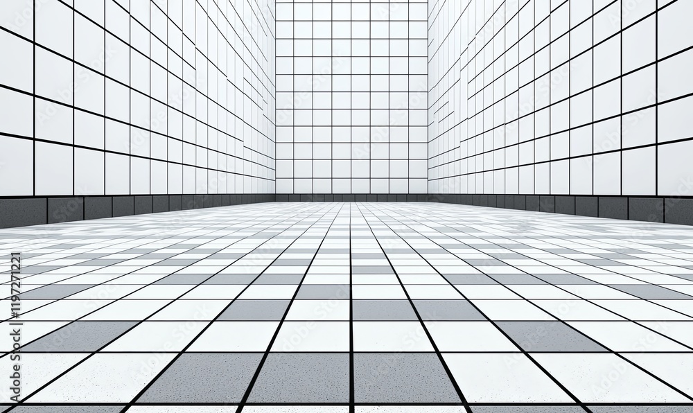 Aufkleber empty white tiled corridor with checkered floor, ideal for architecture visualization