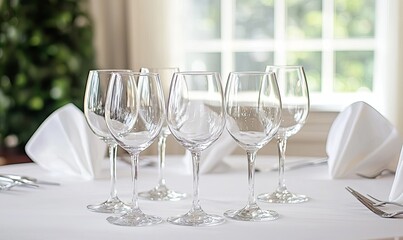Empty wine glasses on a set table near a bright window, ready for a celebration or event