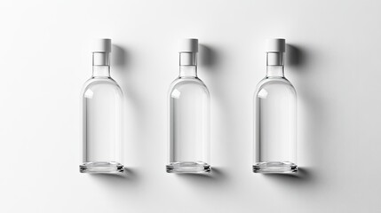 Three empty glass bottles on white background; studio shot; product mockup; packaging design