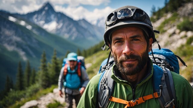 An inspiring portrait of a mountain guide leading hikers up a rocky trail, wearing outdoor gear, dramatic mountain peaks in the background