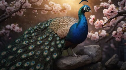 Fototapeta premium A vibrant peacock stands on rocks surrounded by cherry blossoms, showcasing nature's beauty.