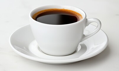 Obraz premium Freshly brewed black coffee in a white cup on a marble table, ready for a morning boost