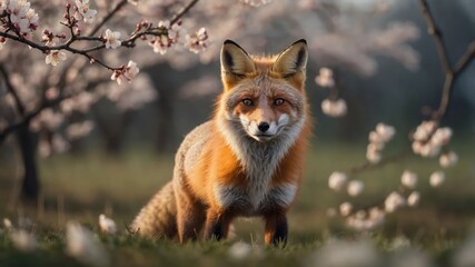 Obraz premium A red fox stands gracefully among blooming cherry blossom trees in a serene landscape.