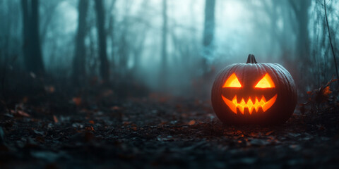 Naklejka premium Creepy jack-o’-lantern in dark forest, Halloween pumpkin glowing in misty woods