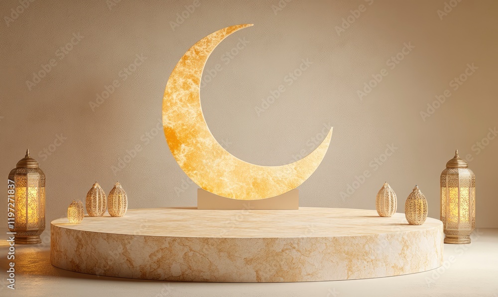 Poster 3d rendering of a podium with ramadan islamic elements as a mock-up background for product presentat