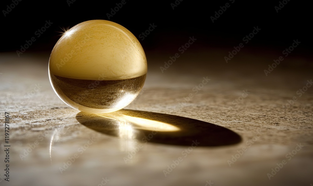 Poster glass sphere casting shadow on textured surface in dim light, perfect for abstract projects