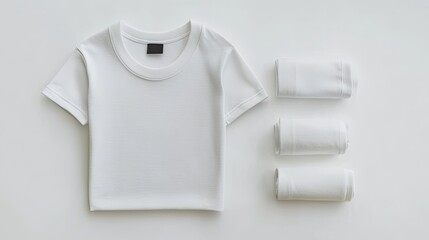White t-shirt and underwear mockup on white background, flat lay product photography for online store