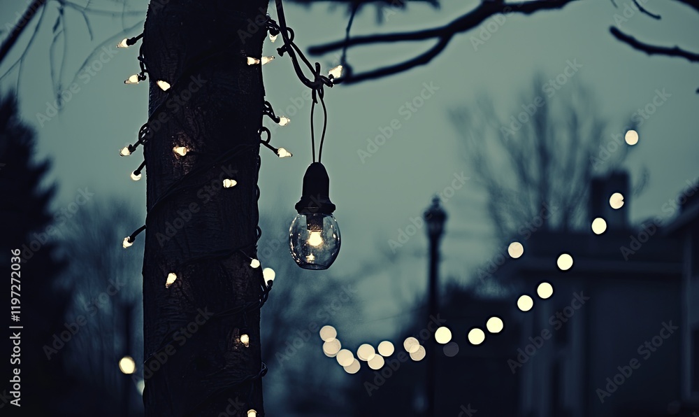 Poster glowing bell-shaped light and string lights on tree at dusk in urban setting