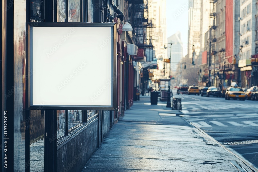 Aufkleber Urban street view featuring an empty signage space ready for text and advertisements in a bustling city setting. Generative AI