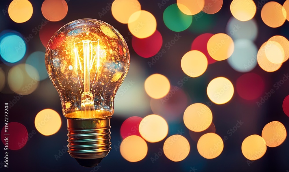 Poster glowing lightbulb with bokeh background for creative idea concepts
