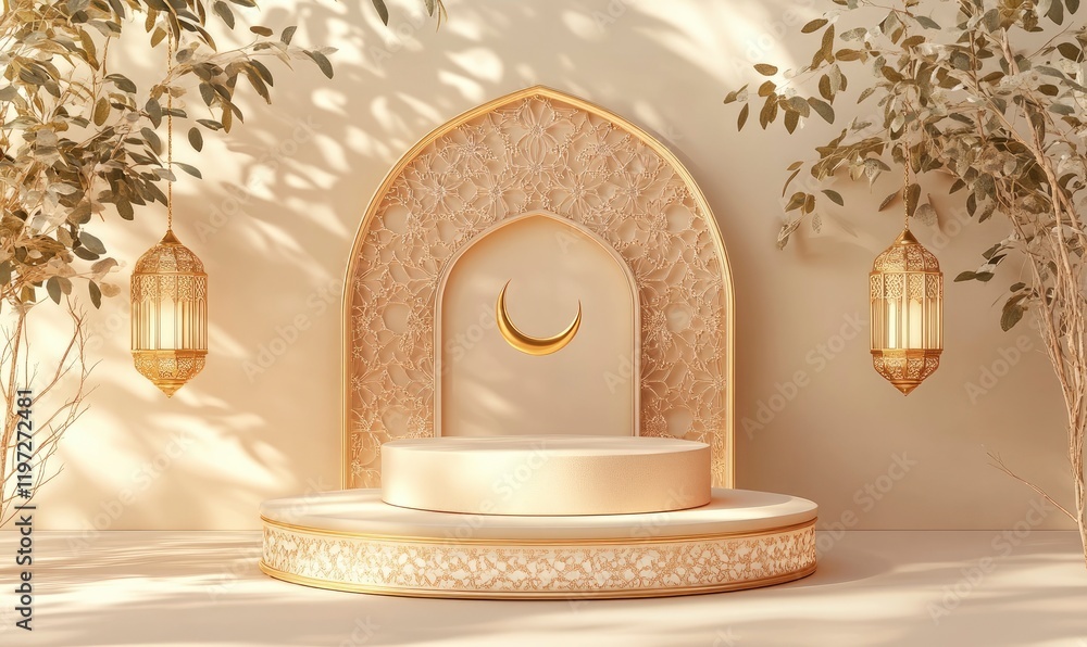 Poster 3d rendering of a podium with ramadan islamic elements as a mock-up background for product presentat