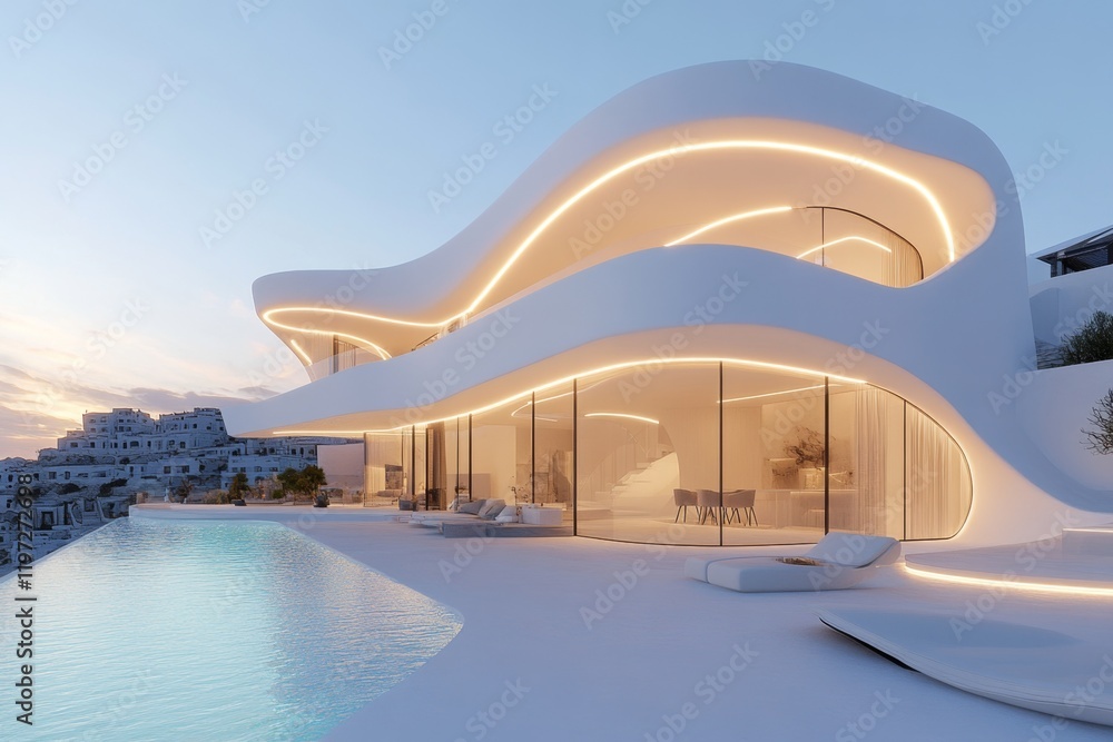 Poster a minimalist architectural rendering of a modern house, with clean lines, soft lighting, and a muted