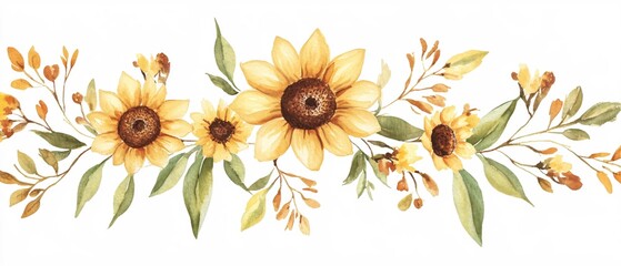 Obraz premium Watercolor Sunflowers Autumn Floral Border Design Element