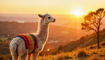 Llama posing serenely on hill at sunset, vibrant beauty of nature