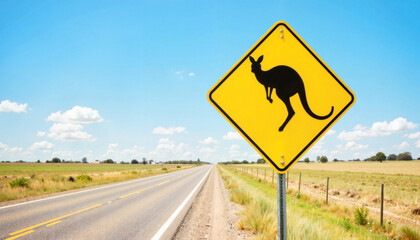 Kangaroo silhouette on road sign in rural setting, wildlife awareness