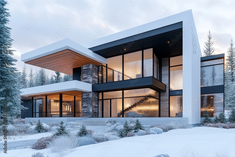 Poster a minimalist architectural rendering of a modern house, with clean lines, soft lighting, and a muted