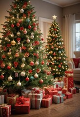 A beautifully decorated Christmas tree with numerous gifts and ornaments, including festive centerpieces, festive colors, candles, evergreen branches