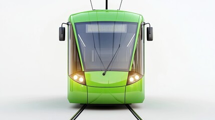 Green Modern Tram Approaching on Tracks, White Background, Eco-Friendly Transport Design