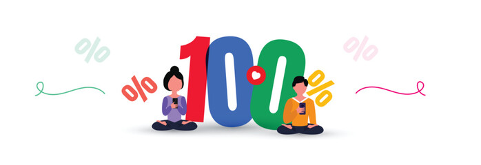 100%. One hundred percent genuine. 3D multi colour number, digits 100%. Warranty concept for sale banner with a girl and boy. Vector illustration.