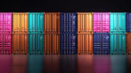 Obraz premium Glowing cargo containers stacked at a port, logistics in action, 3D illustration