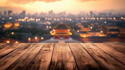 Empty wooden table on background is Forbidden City in Beijing, China