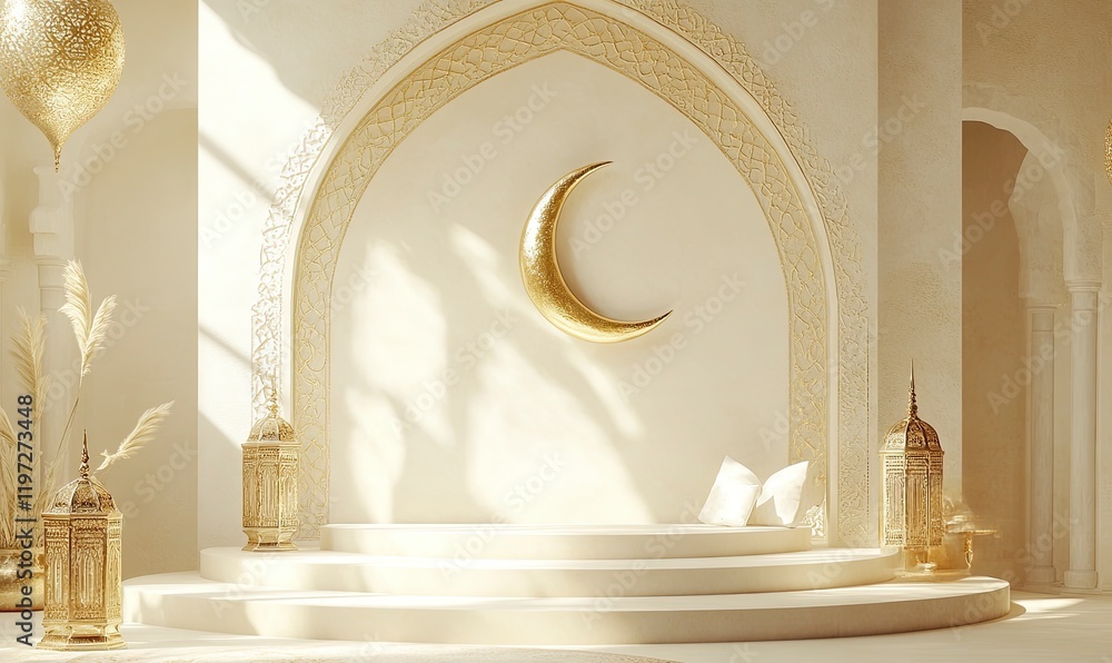 Poster 3d rendering of a podium with ramadan islamic elements as a mock-up background for product presentat