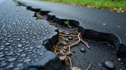 Resilient Nature Thriving Through Urban Fracture A Close-Up View of Plant Life Emerging From a Cracked Pavement Surface, Showcasing the Persistence of Nature Amidst Man-Made Structures