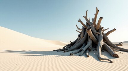 Fototapeta premium A weathered pile of driftwood rests on undulating sand dunes under a clear sky