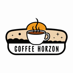 STICKER DESIGN OF A steaming coffee cup with the steam forming a horizon line where the sun is rising.