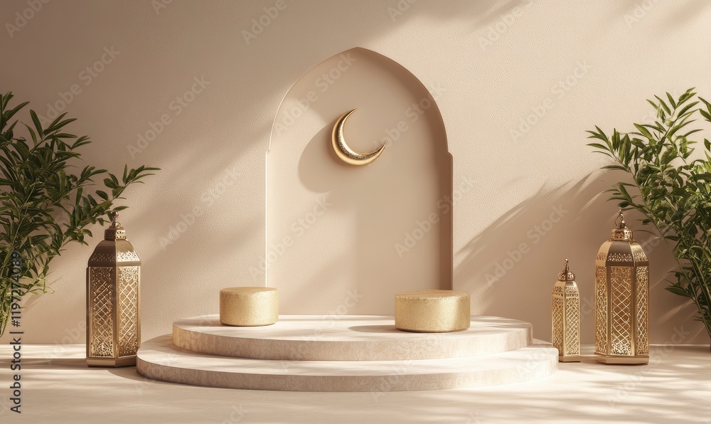Poster 3d rendering of a podium with ramadan islamic elements as a mock-up background for product presentat