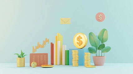 3D digital illustration of financial trading concept with coins, charts, and plants, symbolizing growth and investment