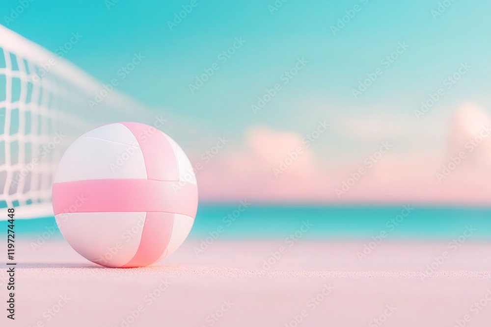 Poster a minimalist illustration of a volleyball net and ball with clean lines, set against a soft gradient