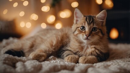 A fluffy cat resting on a cozy blanket with soft lighting in the background.
