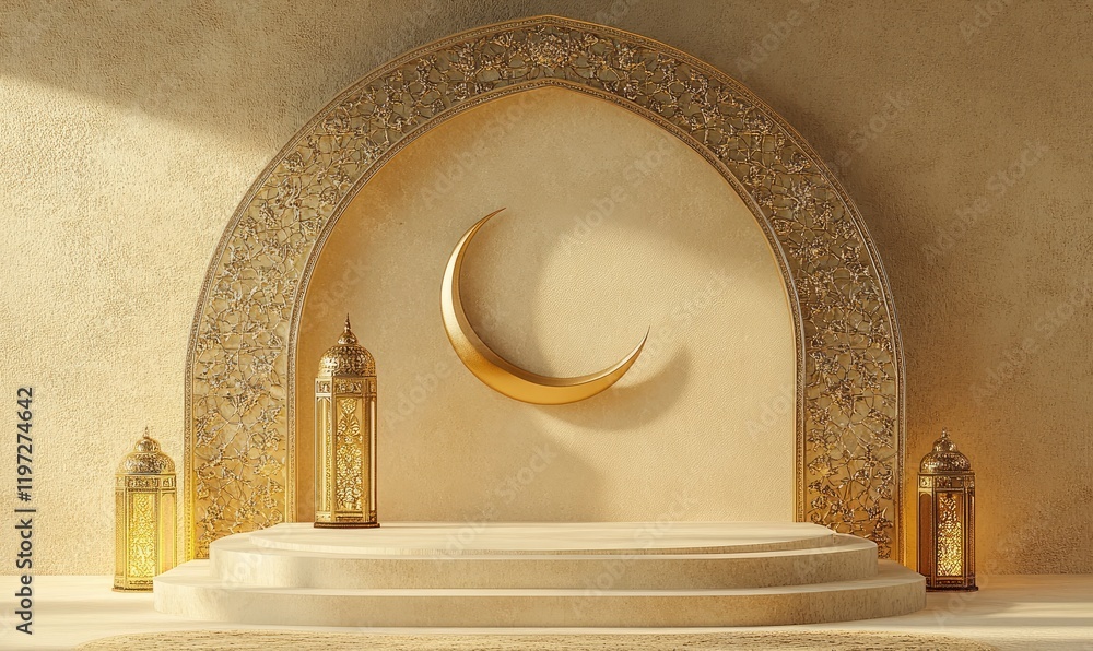 Poster 3d rendering of a podium with ramadan islamic elements as a mock-up background for product presentat