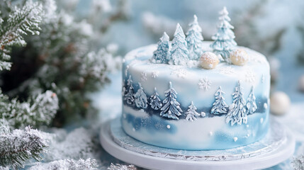 Elegant winter-themed cake: trees, snowflakes, and cones adorn the dessert.