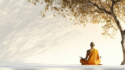 Peaceful monk meditating under a tree, serene landscape background