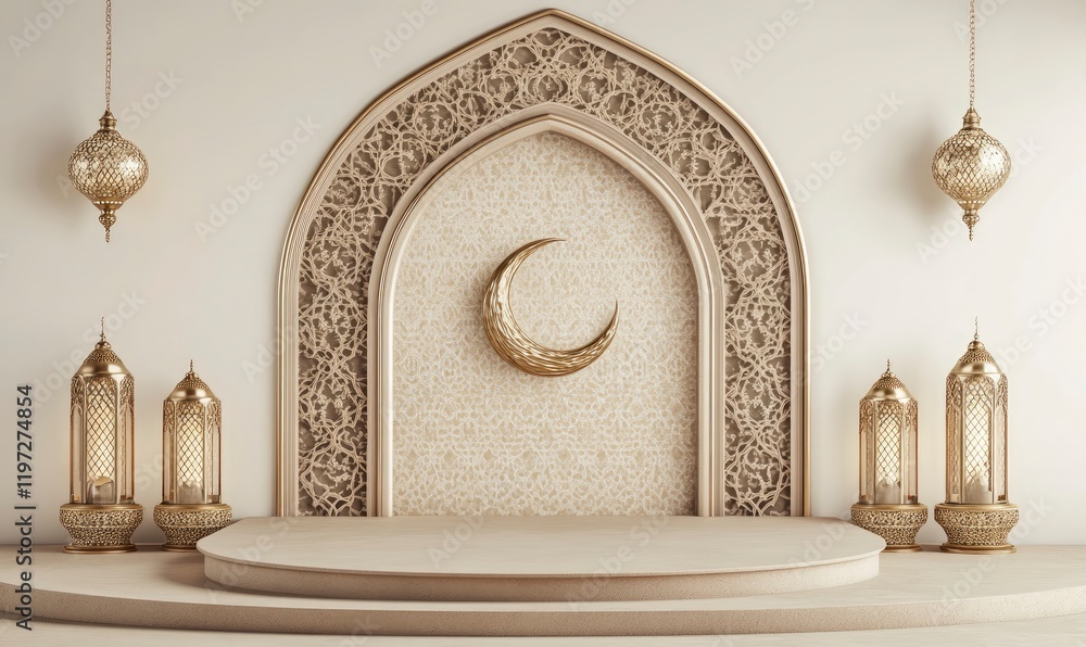 Poster 3d rendering of a podium with ramadan islamic elements as a mock-up background for product presentat