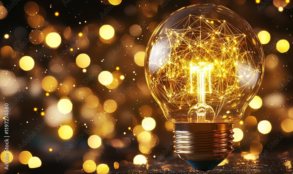 Poster illuminated lightbulb with network design on dark background with bokeh, ideal for innovation concep