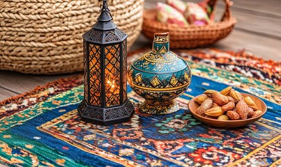 Lantern, dates, and vase on rug with baskets in background, suggesting Ramadan or Eid