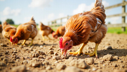 Fototapeta premium Mature brown chickens pecking in dirt at rural farm, natural living