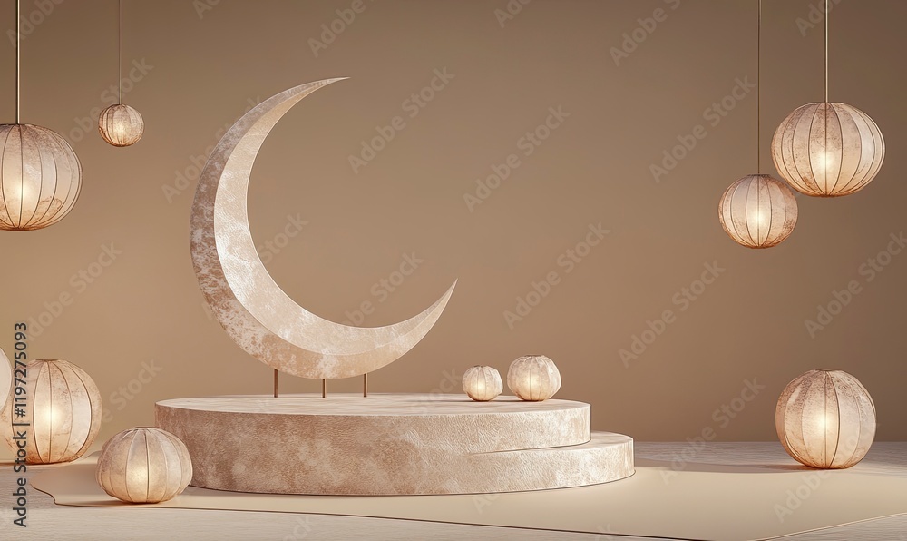Poster 3d rendering of a podium with ramadan islamic elements as a mock-up background for product presentat