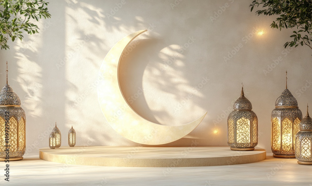 Poster 3d rendering of a podium with ramadan islamic elements as a mock-up background for product presentat
