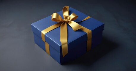 Obraz premium A golden Hanukkah gift box sits atop a dark blue background with a gold ribbon wrapped around it, Gift Wrapping, Jewish Celebration