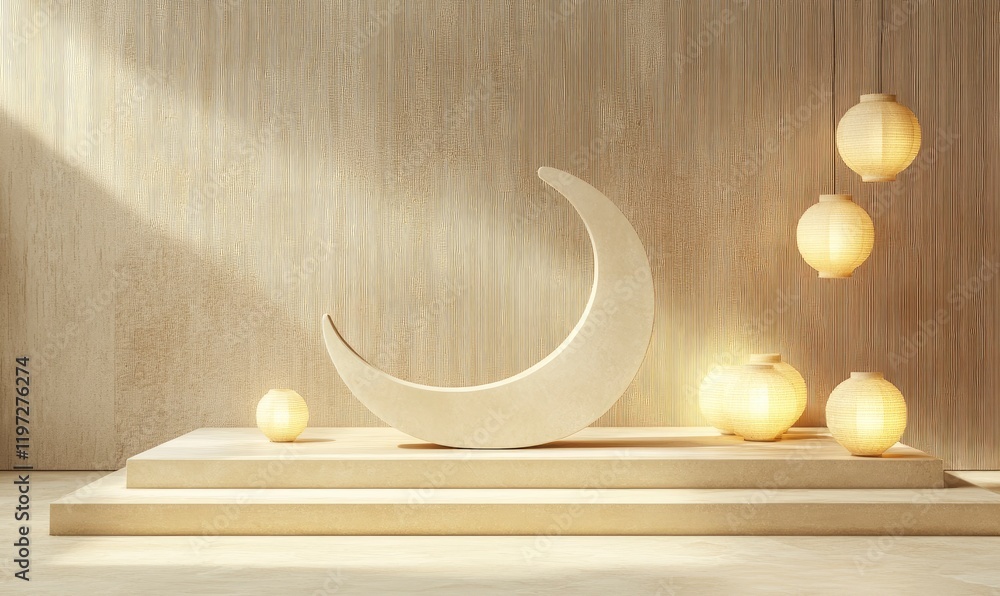 Poster 3d rendering of a podium with ramadan islamic elements as a mock-up background for product presentat