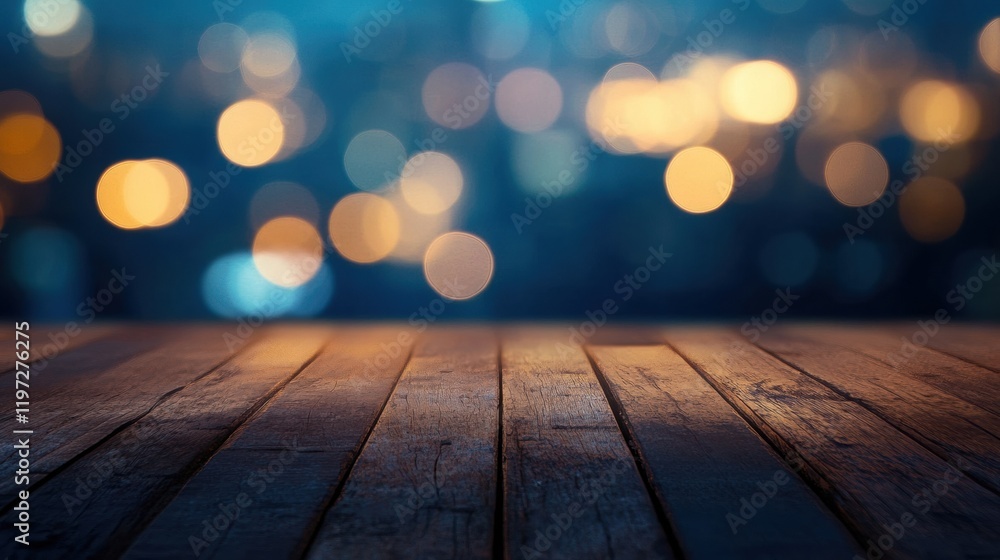 Poster empty wooden table with soft bokeh background creating space for text and design. generative ai