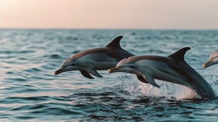 Fototapeta premium Dolphins leaping in ocean marine ecosystem wildlife photography serene water environment dynamic viewpoint