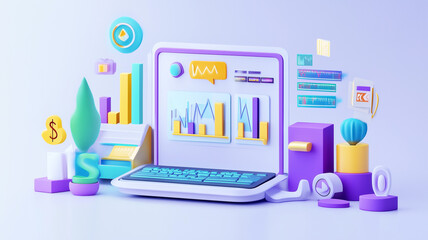 3D digital illustration of financial trading concept featuring laptop with graphs, charts, and financial symbols in vibrant, colorful setting