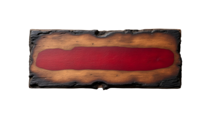 Intriguing rustic wooden sign, charred edges, bold red resin inlay.  A unique piece with a captivating blend of textures and colors. Perfect for adding a touch of rustic charm., cut out,transparent ba